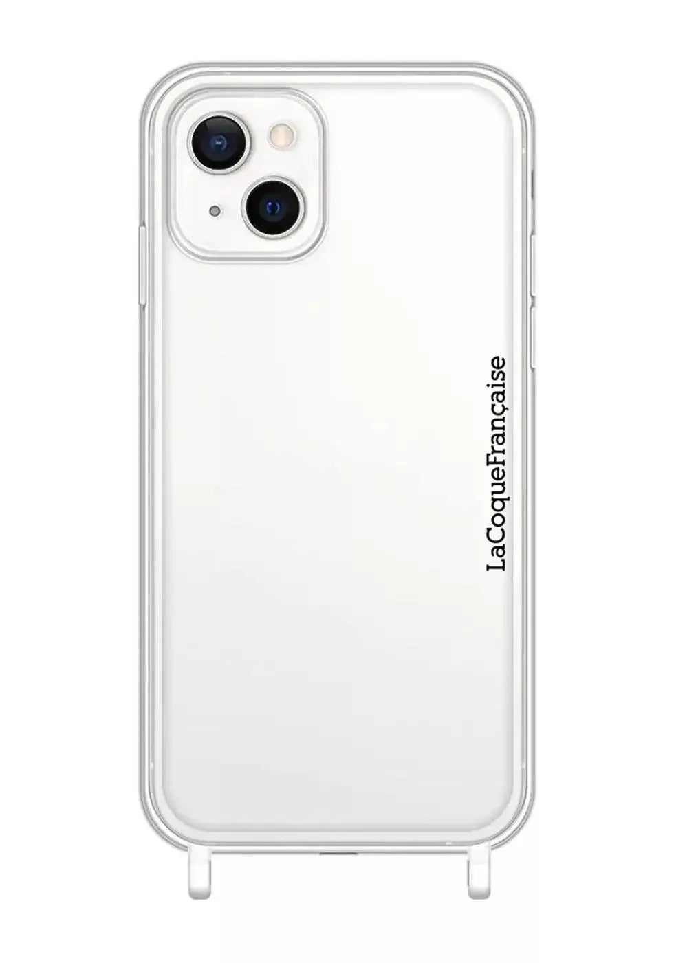 Clear iPhone 13 case with minimalist black text along side, dual camera cutout visible