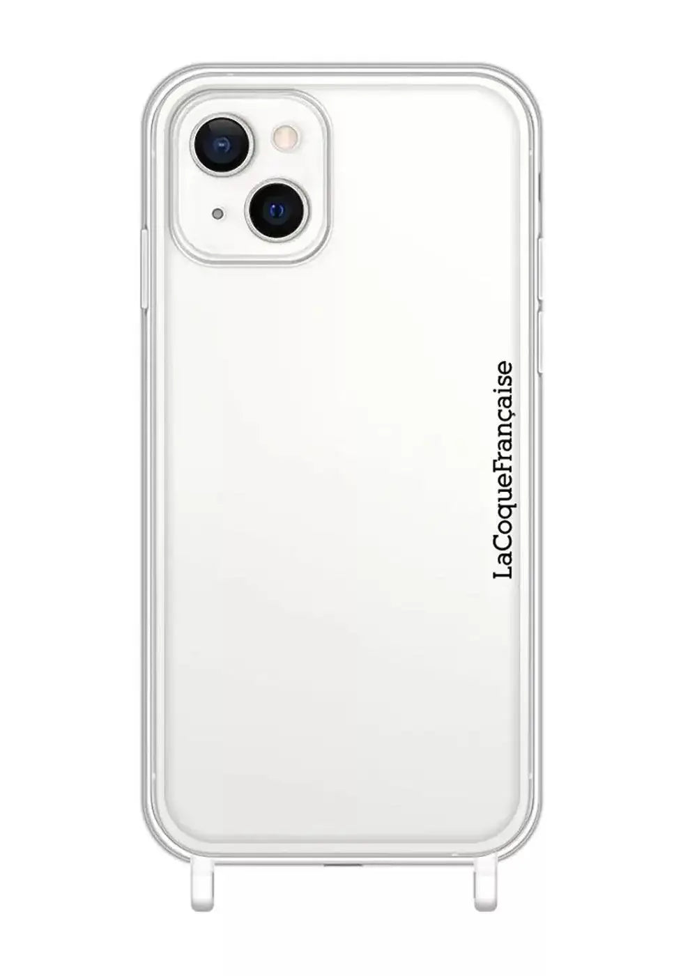 Clear iPhone 13 case with minimalist black text along side, dual camera cutout visible