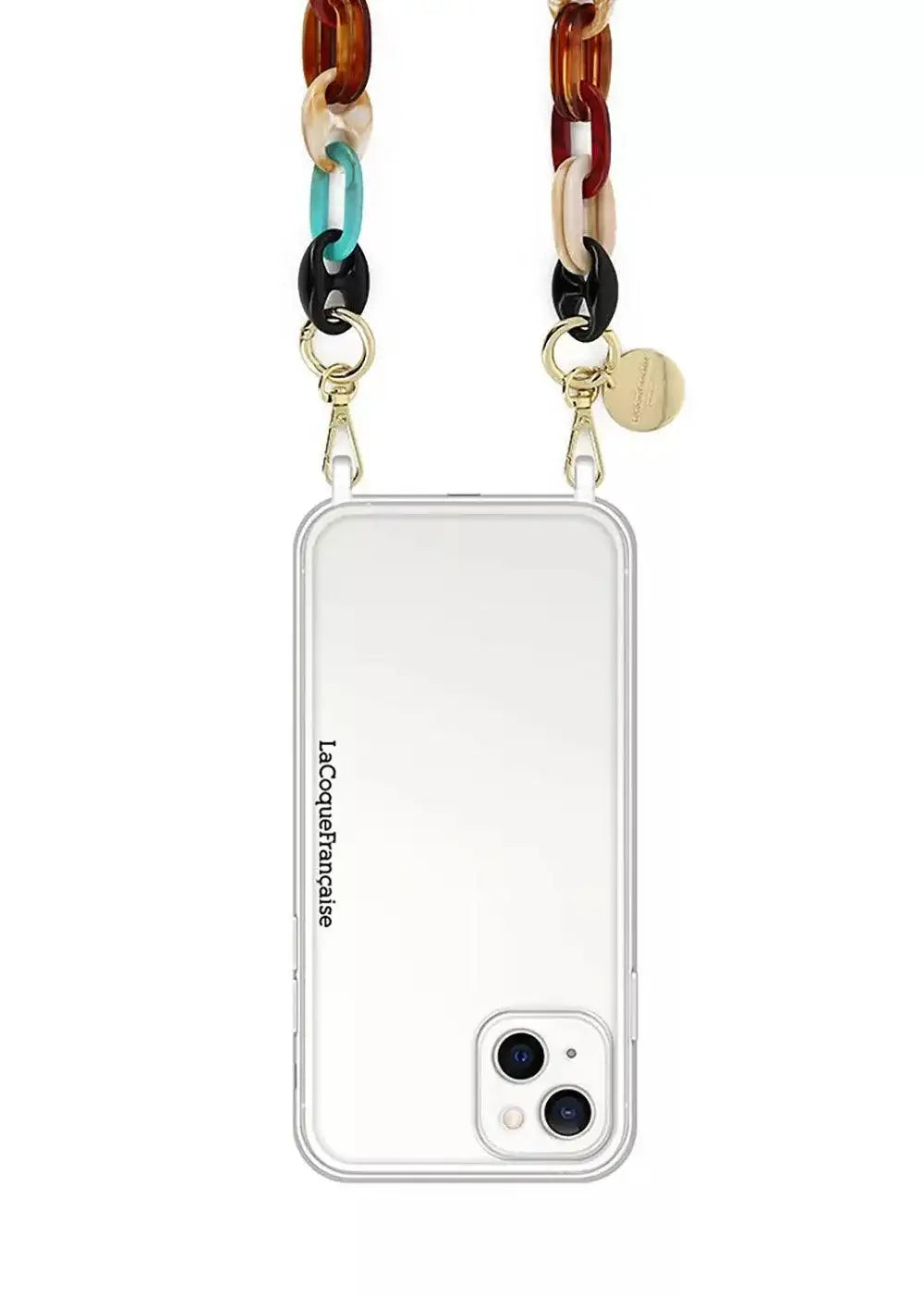 Clear iPhone 13 case with colorful chain strap and gold hardware, fashionable design