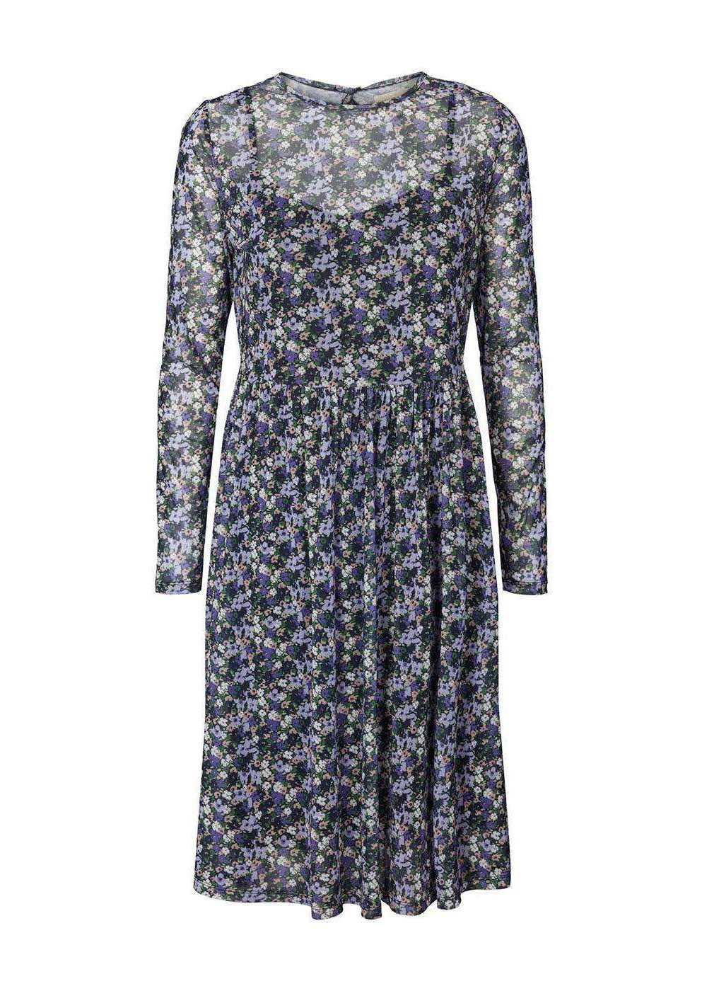 Long sleeve knee-length dress with a sheer, multicolored floral print on a dark background