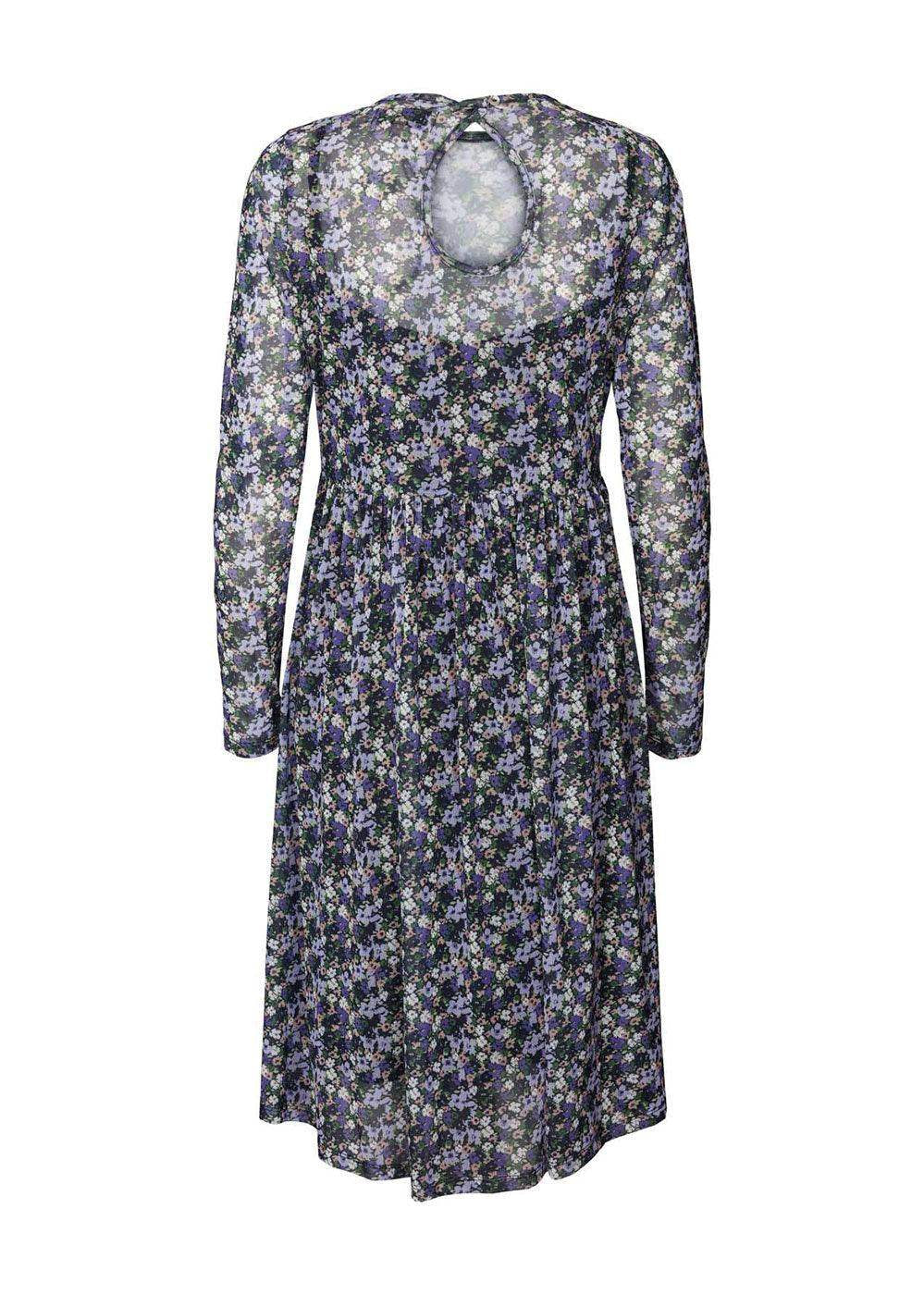 Long sleeve midi dress with black and purple floral print and keyhole back detail