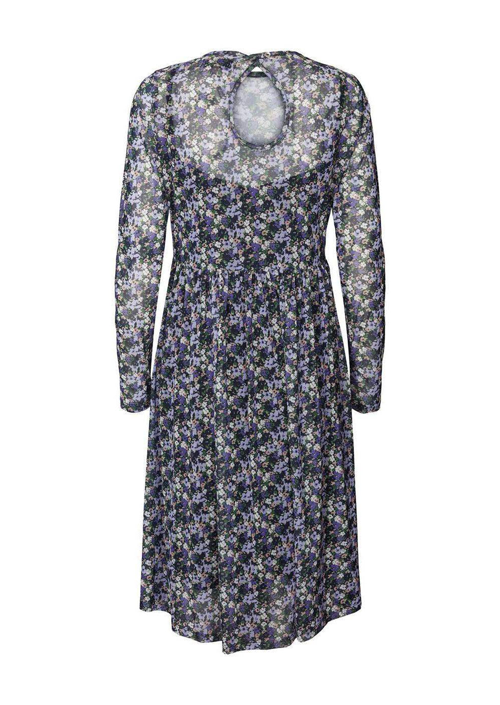 Long sleeve midi dress with black and purple floral print and keyhole back detail