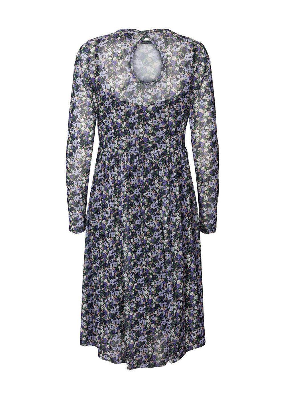 Long sleeve midi dress with black and purple floral print and keyhole back detail