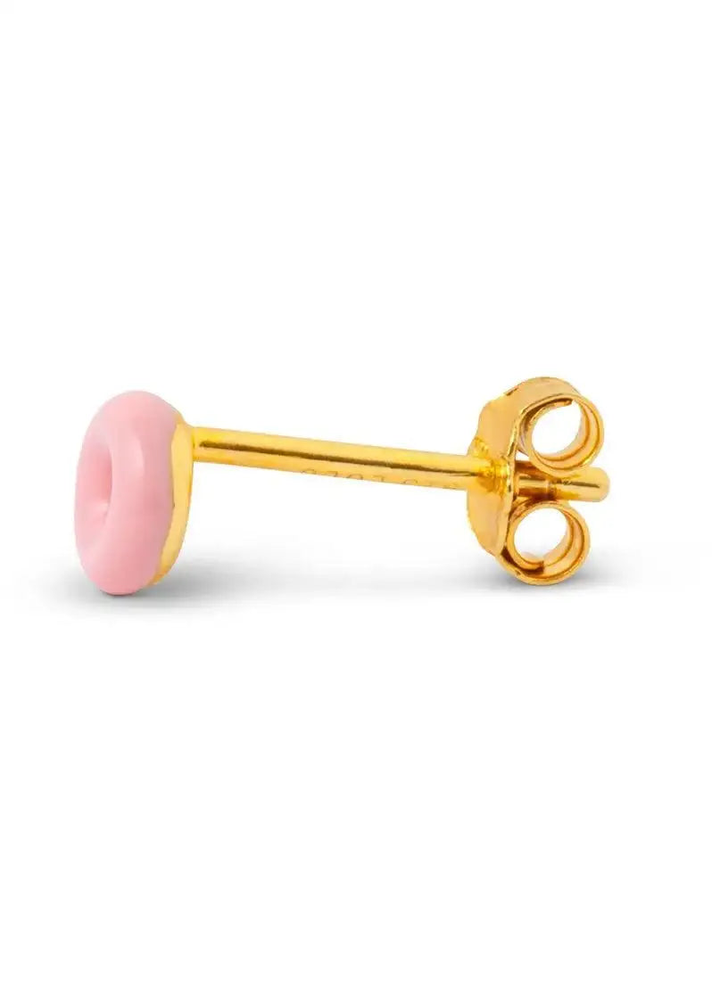 Gold stud earring with light pink enamel donut design on white background