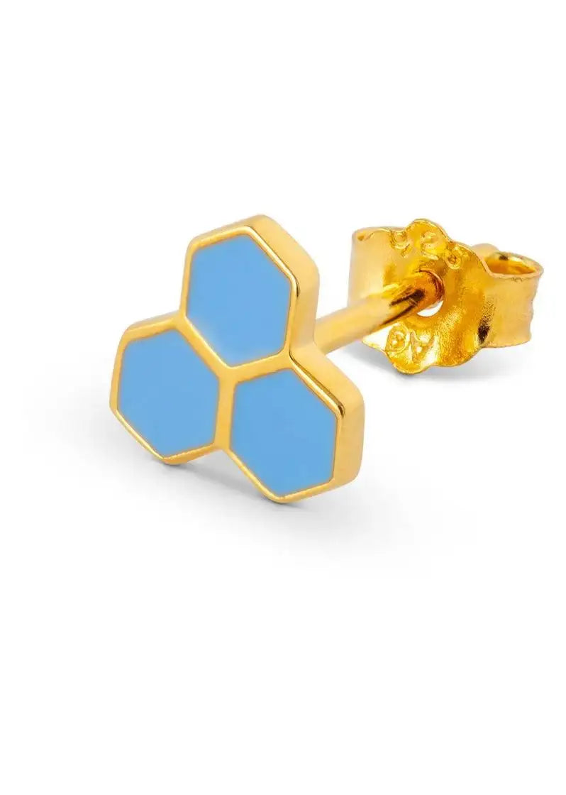 Gold stud earring with blue enamel and hexagon design on white background