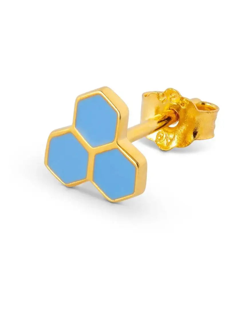Gold stud earring with blue enamel and hexagon design on white background