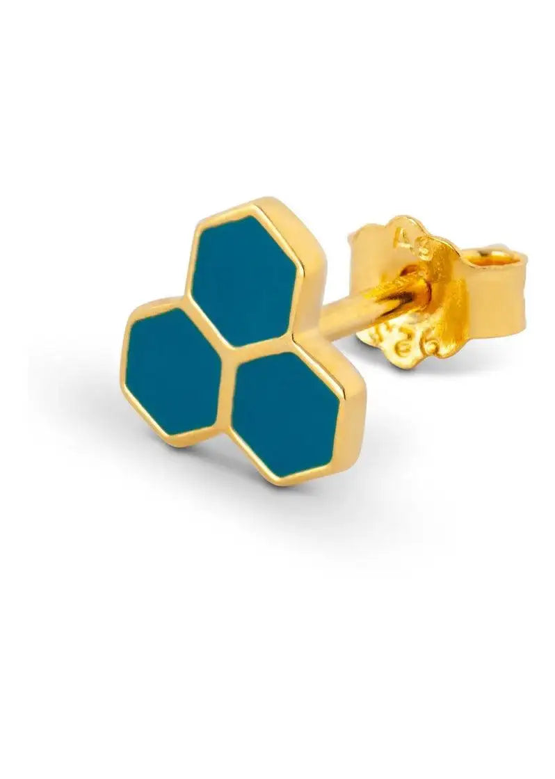 Gold stud earring with three blue hexagon shapes on white background, modern jewelry