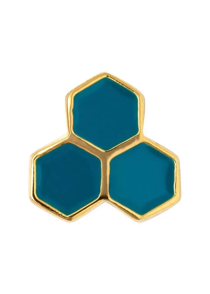 Gold hexagon stud earring with teal enamel, modern geometric jewelry