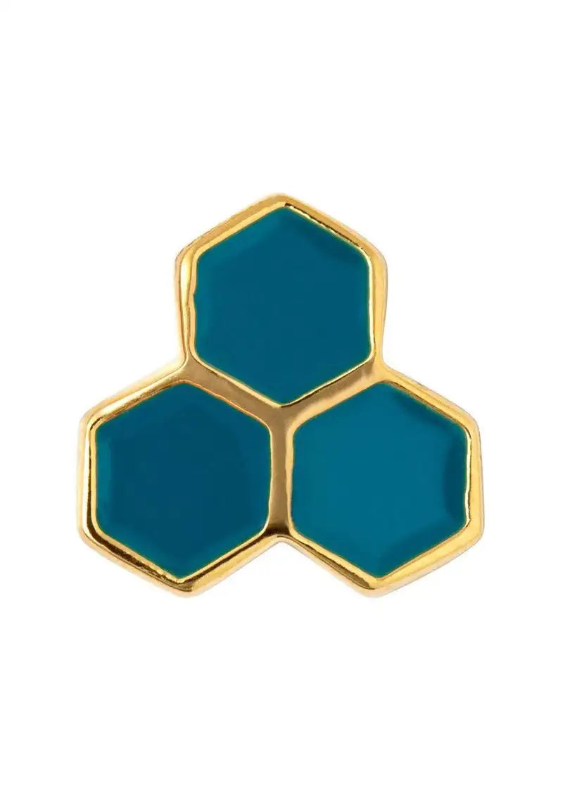 Gold hexagon stud earring with teal enamel, modern geometric jewelry