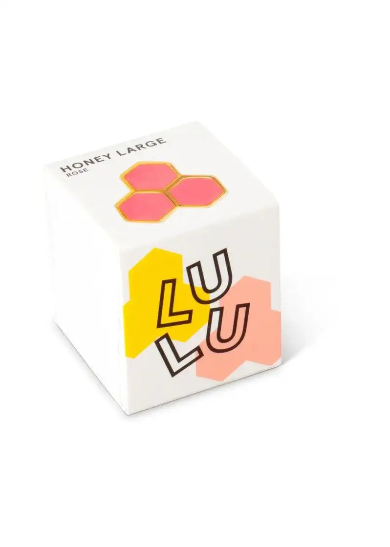 Honey Large Rose stud earring box with pink hexagon design and LULU text on white background