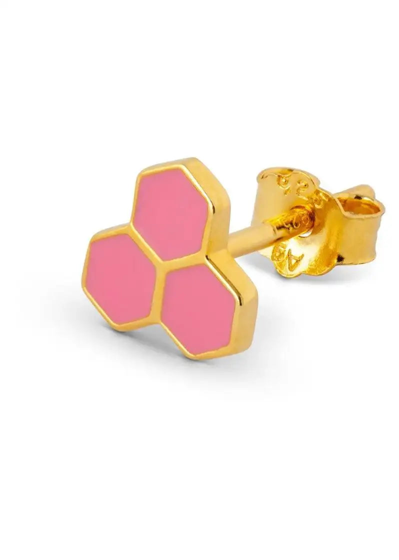Gold-tone stud earring with three hexagonal pink enamel sections on white background