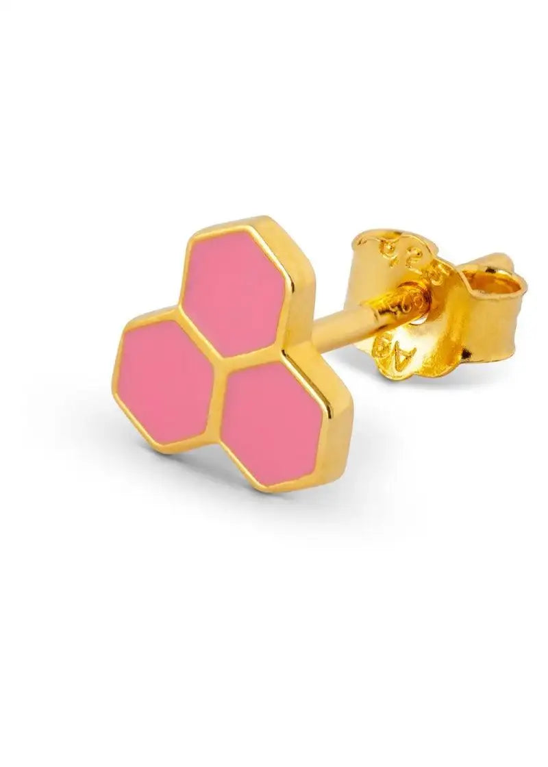 Gold-tone stud earring with three hexagonal pink enamel sections on white background