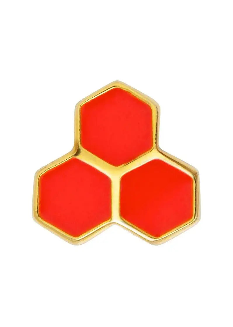 Gold stud earring with three connected red hexagons, modern geometric jewelry