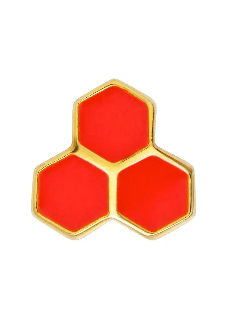 Gold stud earring with three connected red hexagons, modern geometric jewelry