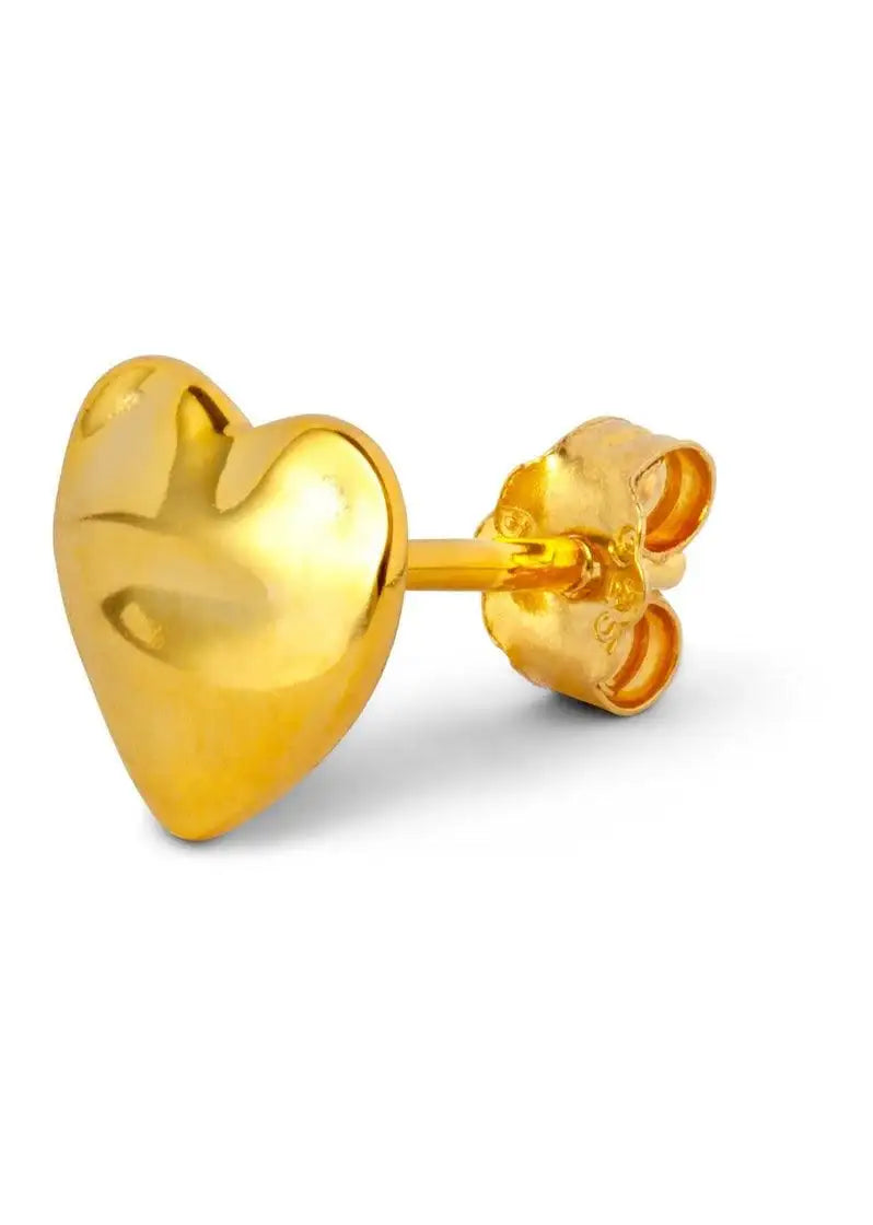 Gold heart-shaped stud earring with a melted style design on white background