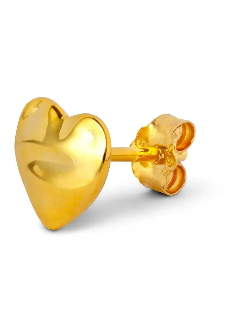 Gold heart-shaped stud earring with a melted style design on white background
