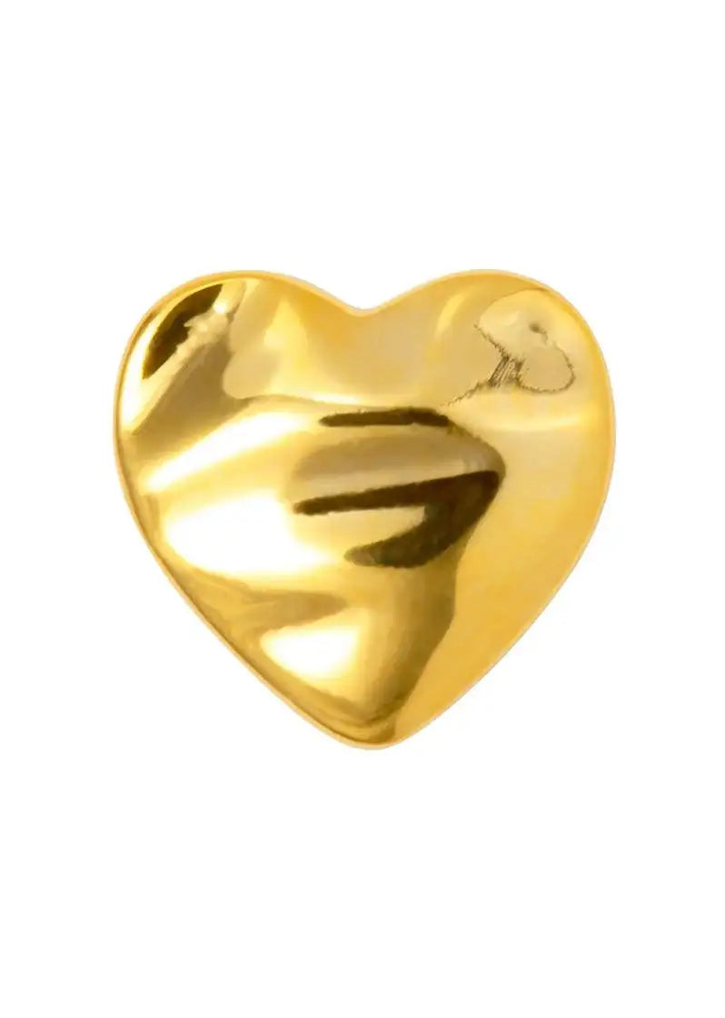 Gold melted heart stud earring with a shiny, sculpted finish on white background