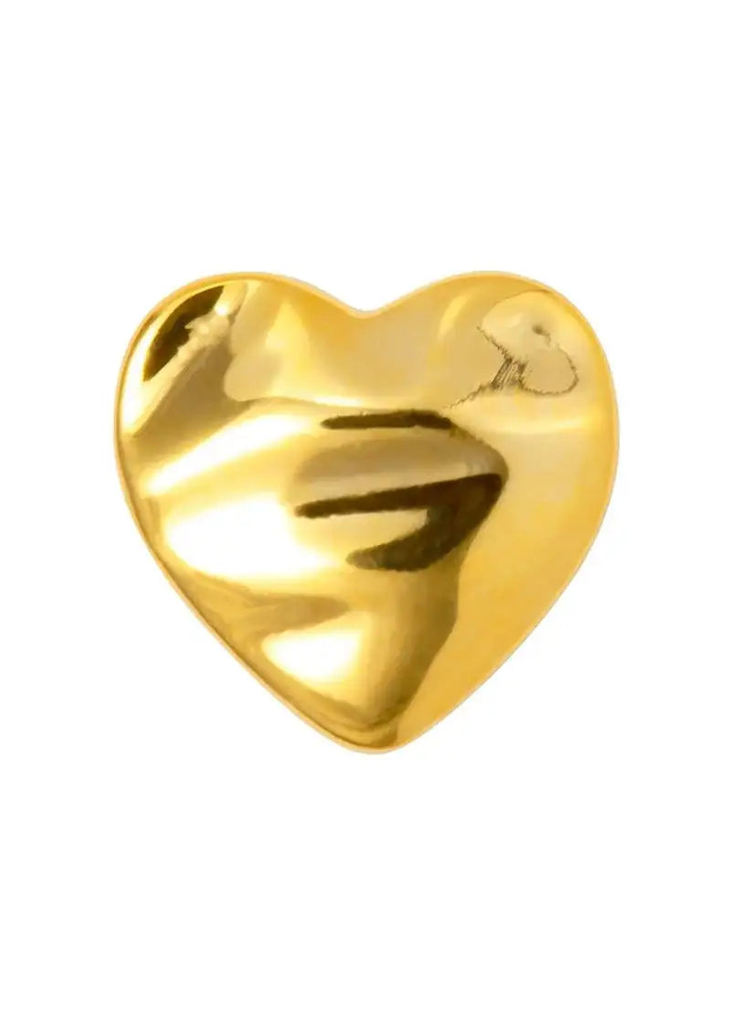 Gold melted heart stud earring with a shiny, sculpted finish on white background