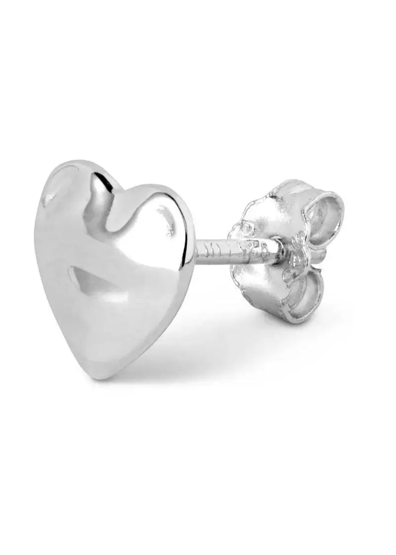 Silver melted heart stud earring on white background, modern jewelry design