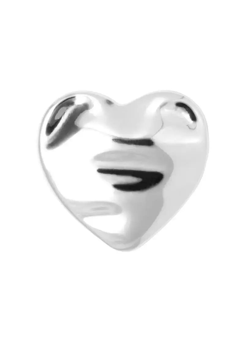 Silver melted heart-shaped earring with a shiny, reflective surface on a white background