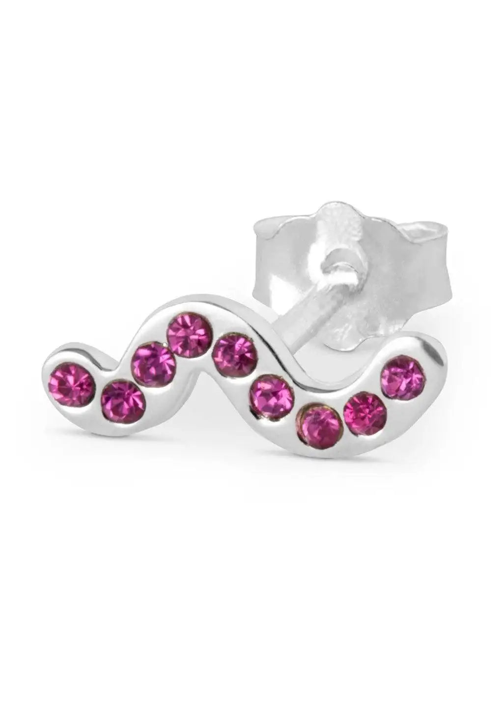 Silver snaky stud earring with pink gemstones on white background