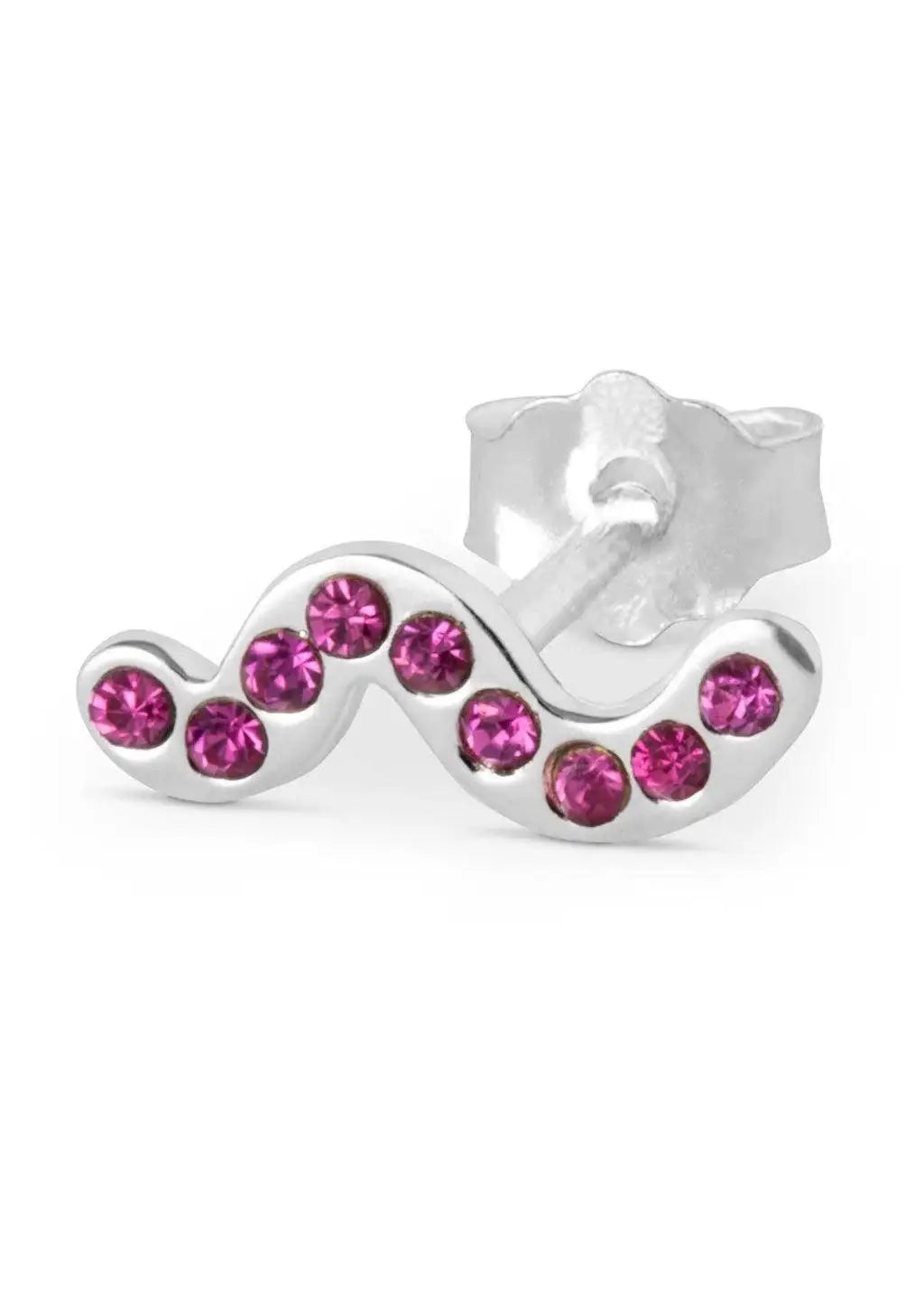 Silver snaky stud earring with pink gemstones on white background