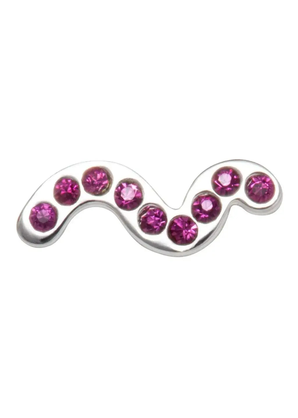 Snaky silver earring with pink gemstones in a wavy design on white background