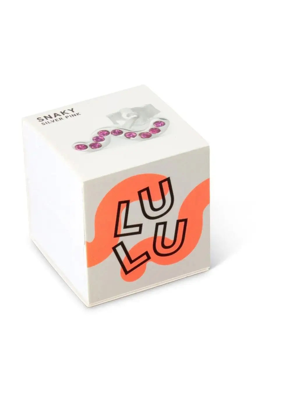 Snaky silver pink earring with pink gemstones displayed on a small grey and orange box.