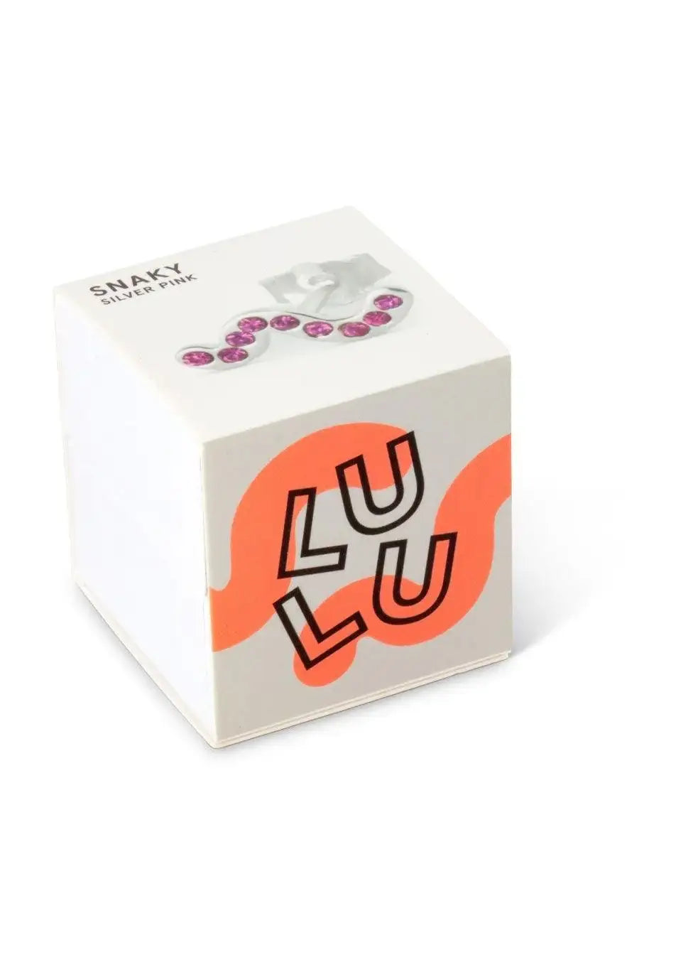 Snaky silver pink earring with pink gemstones displayed on a small grey and orange box.