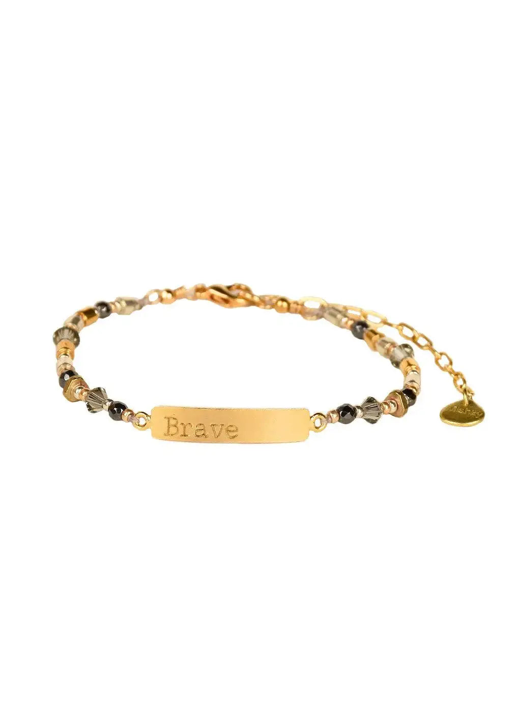 Gold beaded bracelet with engraved 'Brave' plate and adjustable chain detail