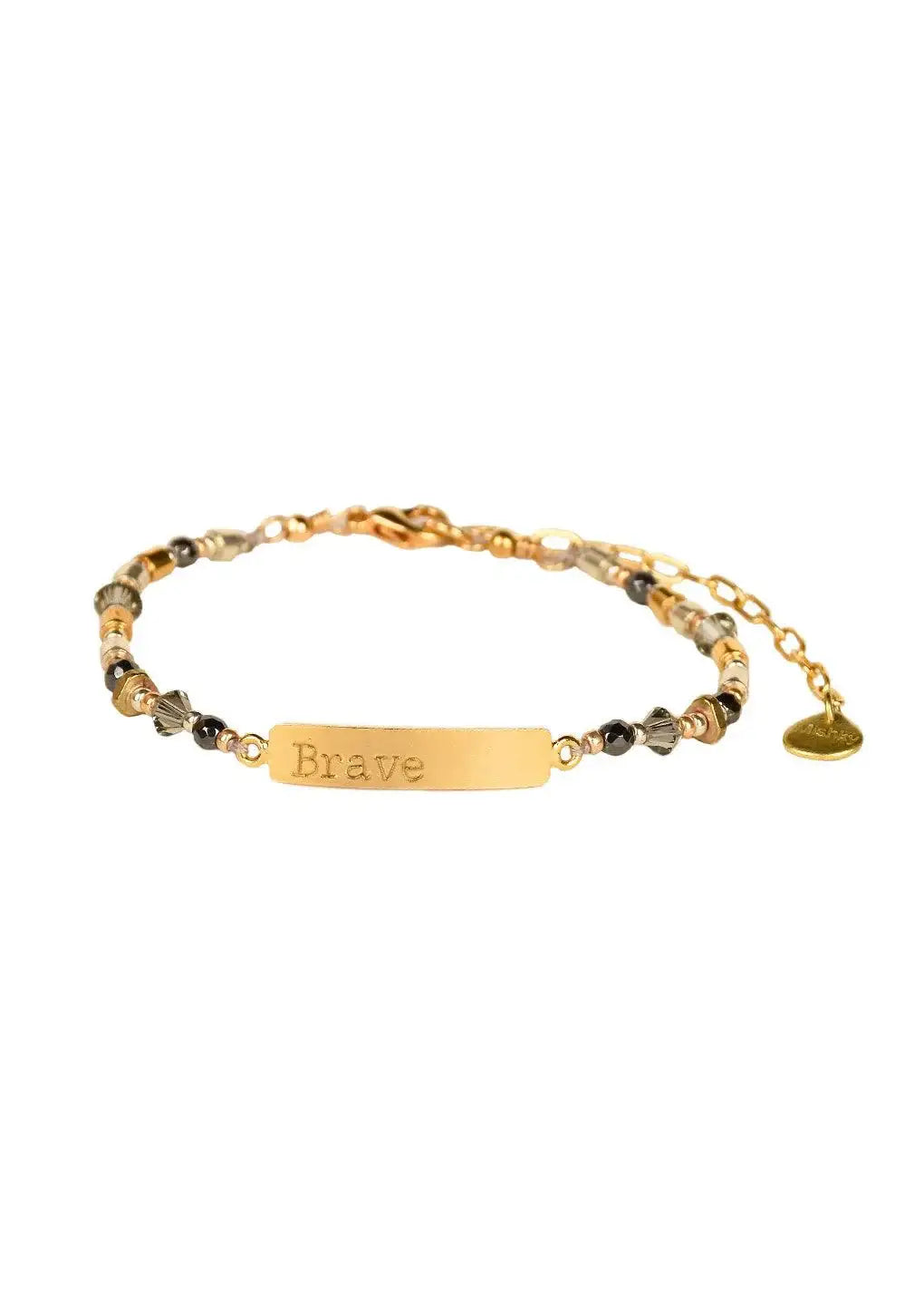 Gold beaded bracelet with engraved 'Brave' plate and adjustable chain detail