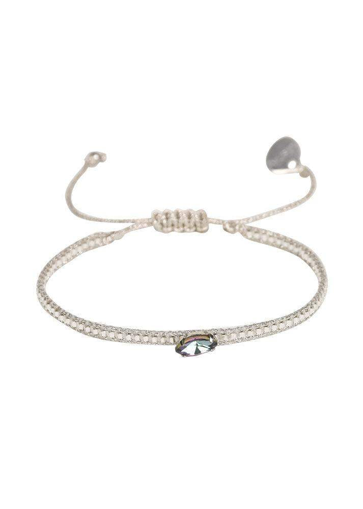 Adjustable diamond eye bracelet with a delicate beaded band and central marquise crystal.