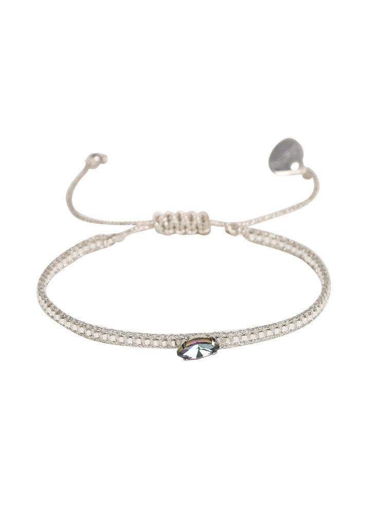 Adjustable diamond eye bracelet with a delicate beaded band and central marquise crystal.