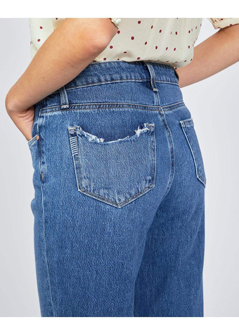 Back view of blue straight-leg jeans with distressed rear pockets