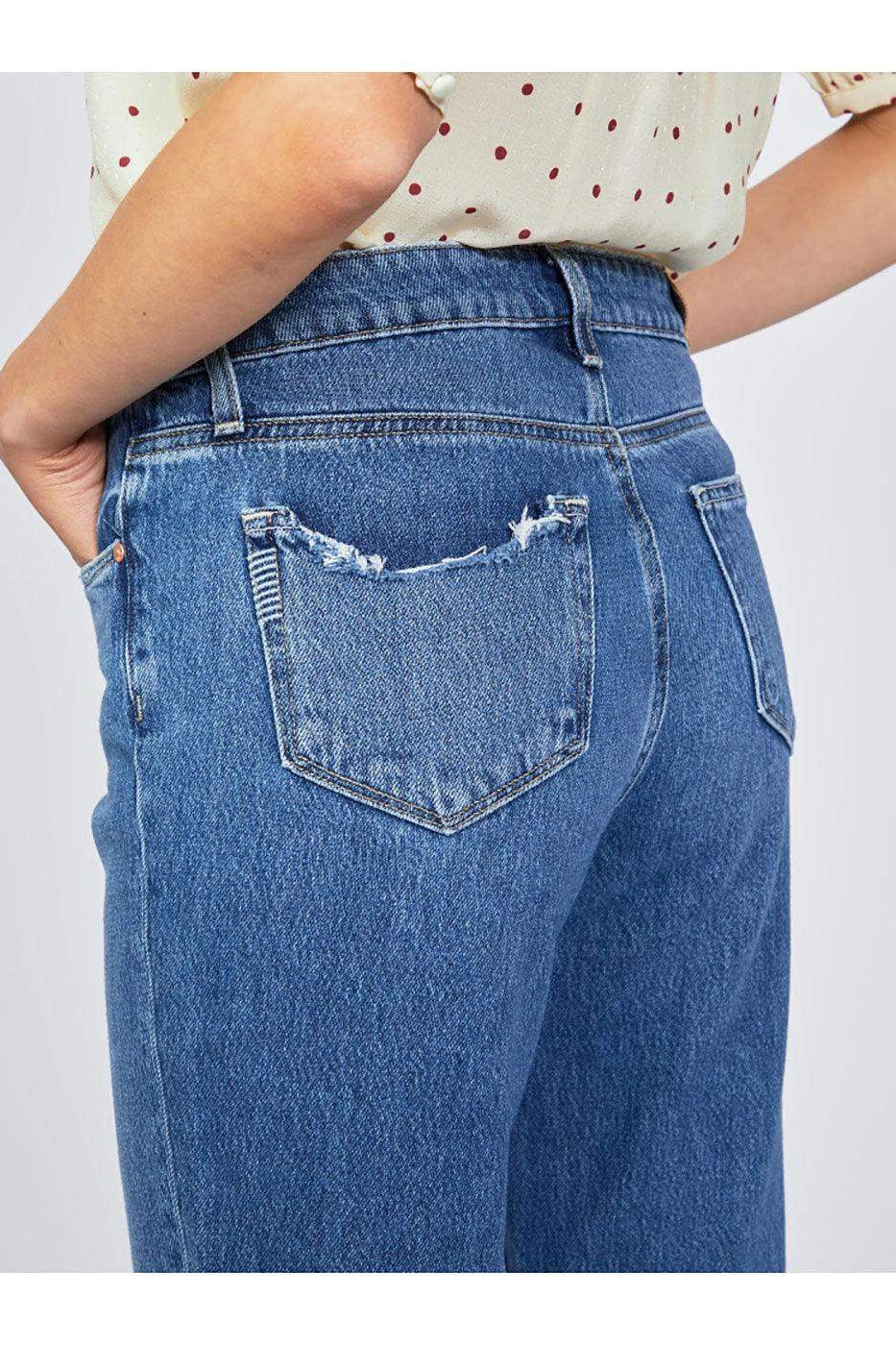 Back view of blue straight-leg jeans with distressed rear pockets