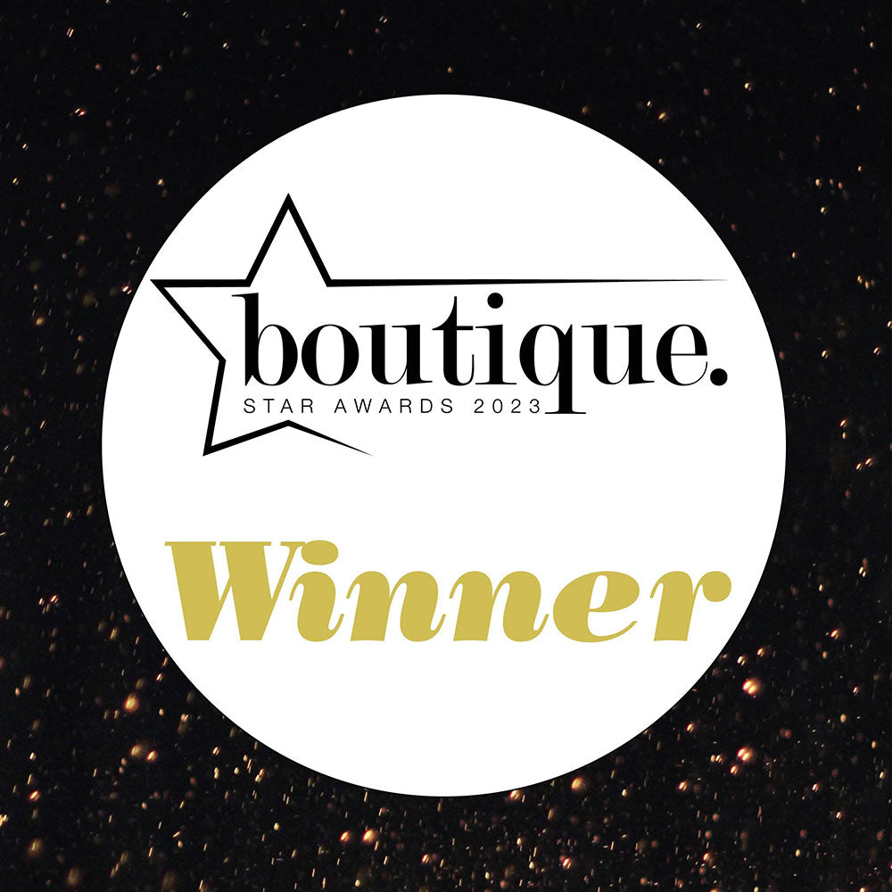 Boutique Star Awards 2023 winner logo in black and gold on a dark sparkling background