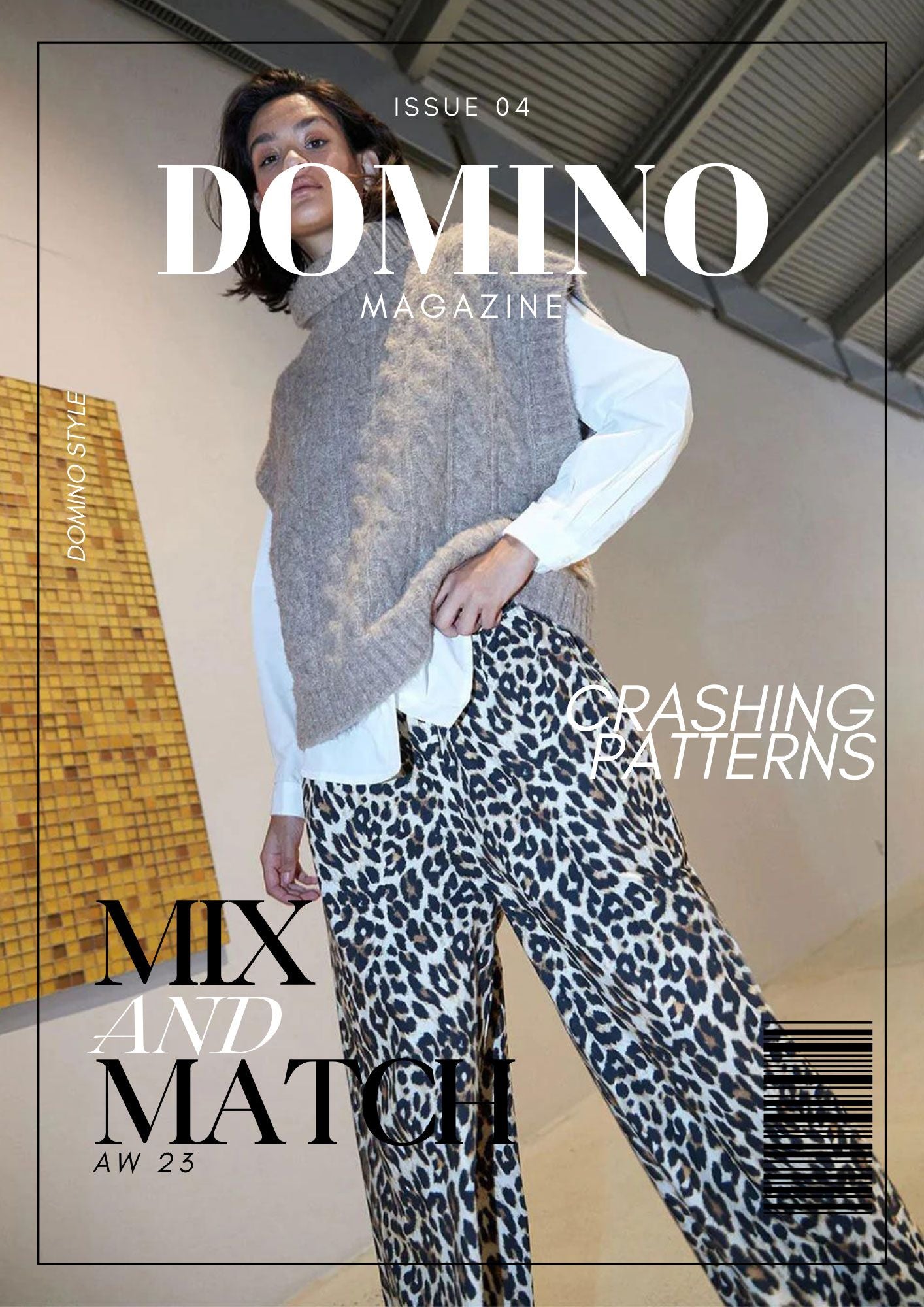 Woman in a grey knit vest and leopard print pants on a modern fashion magazine cover