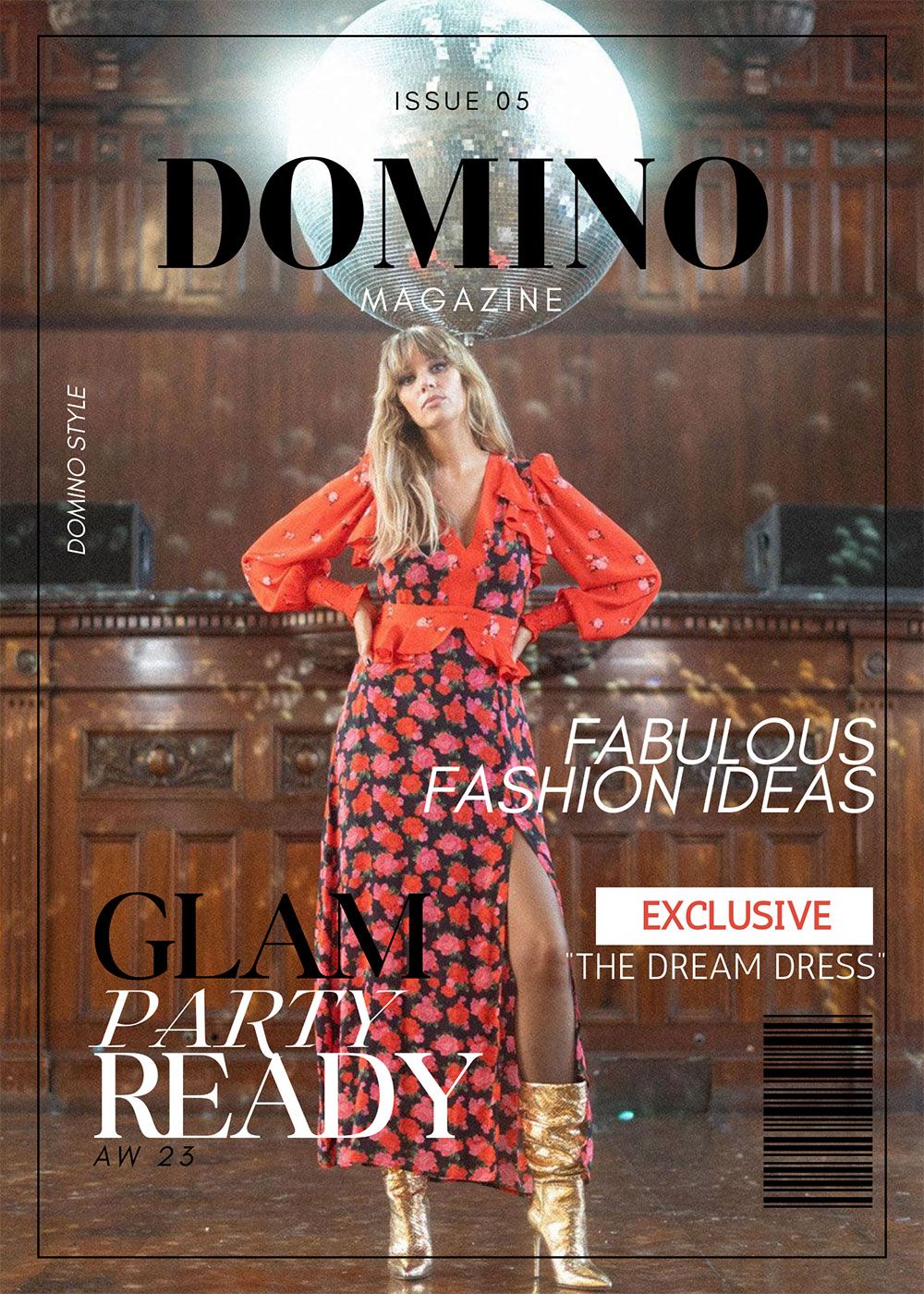 Woman in red floral dress and gold boots posing under disco ball in stylish indoor setting
