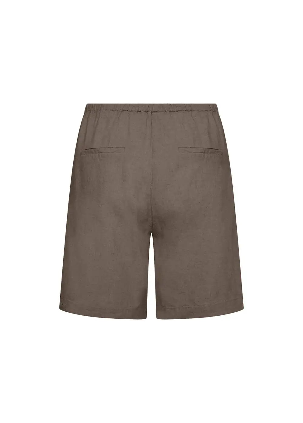 Back view of brown linen shorts with elastic waistband and two welt pockets