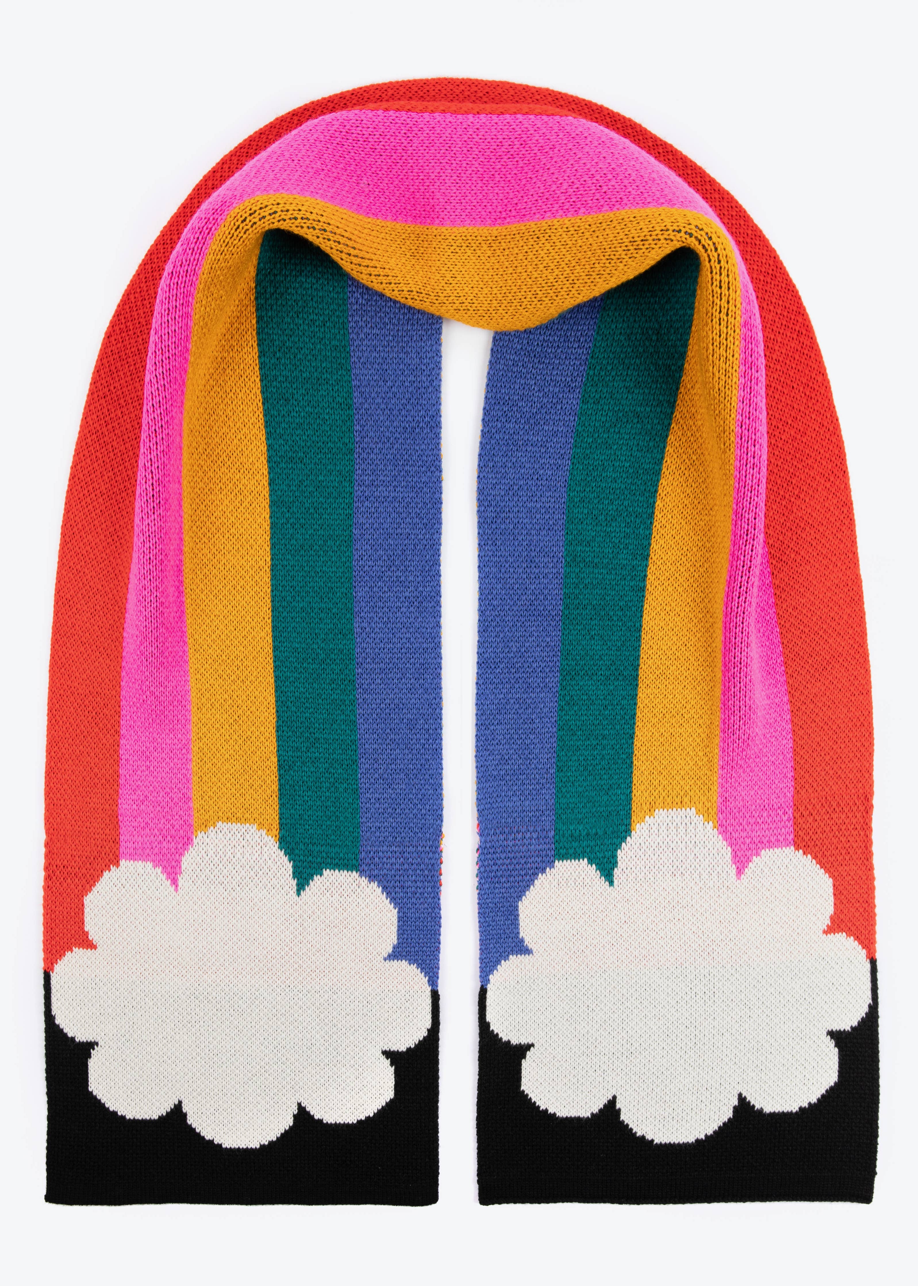Colorful scarf with rainbow pattern and cloud ends on a white background