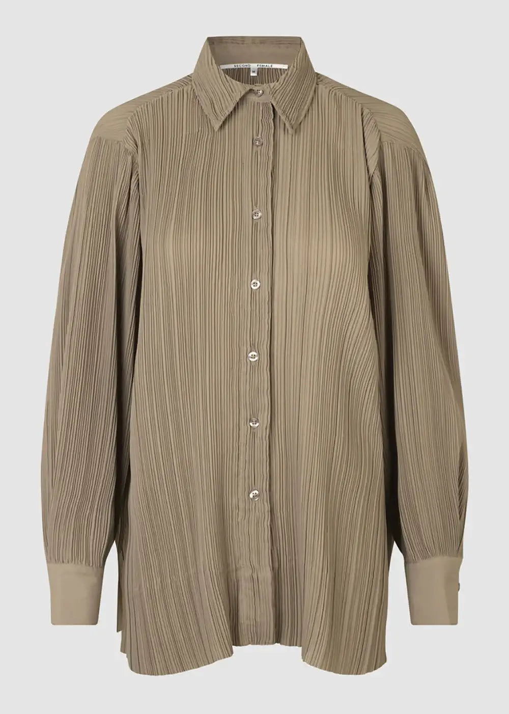 Khaki pleated long-sleeve button-up shirt with collared neckline