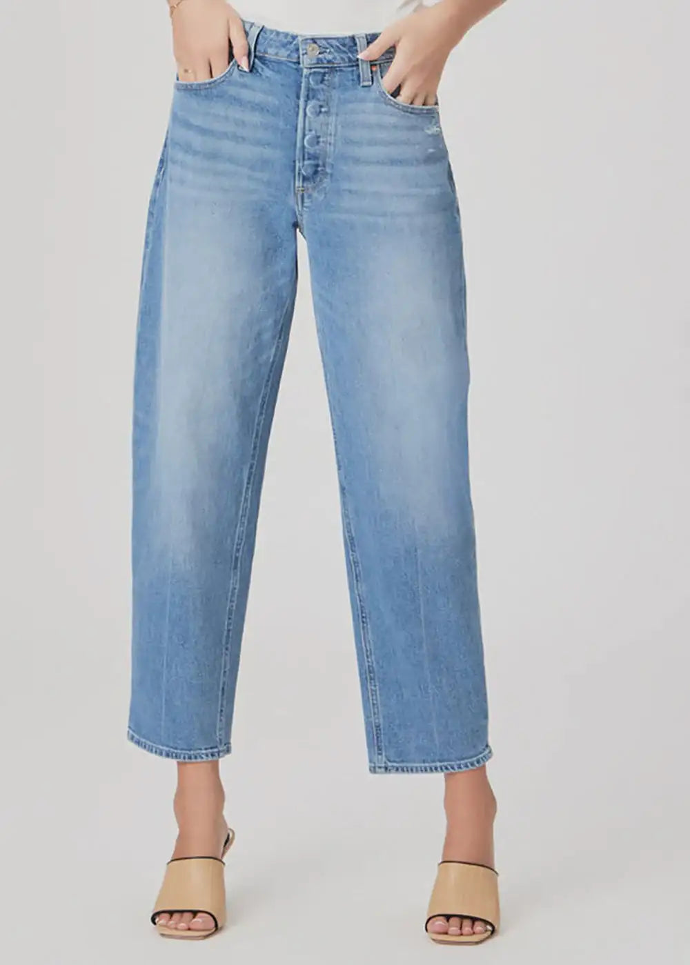 Light blue high-waisted wide-leg jeans with button fly, casual fashion style
