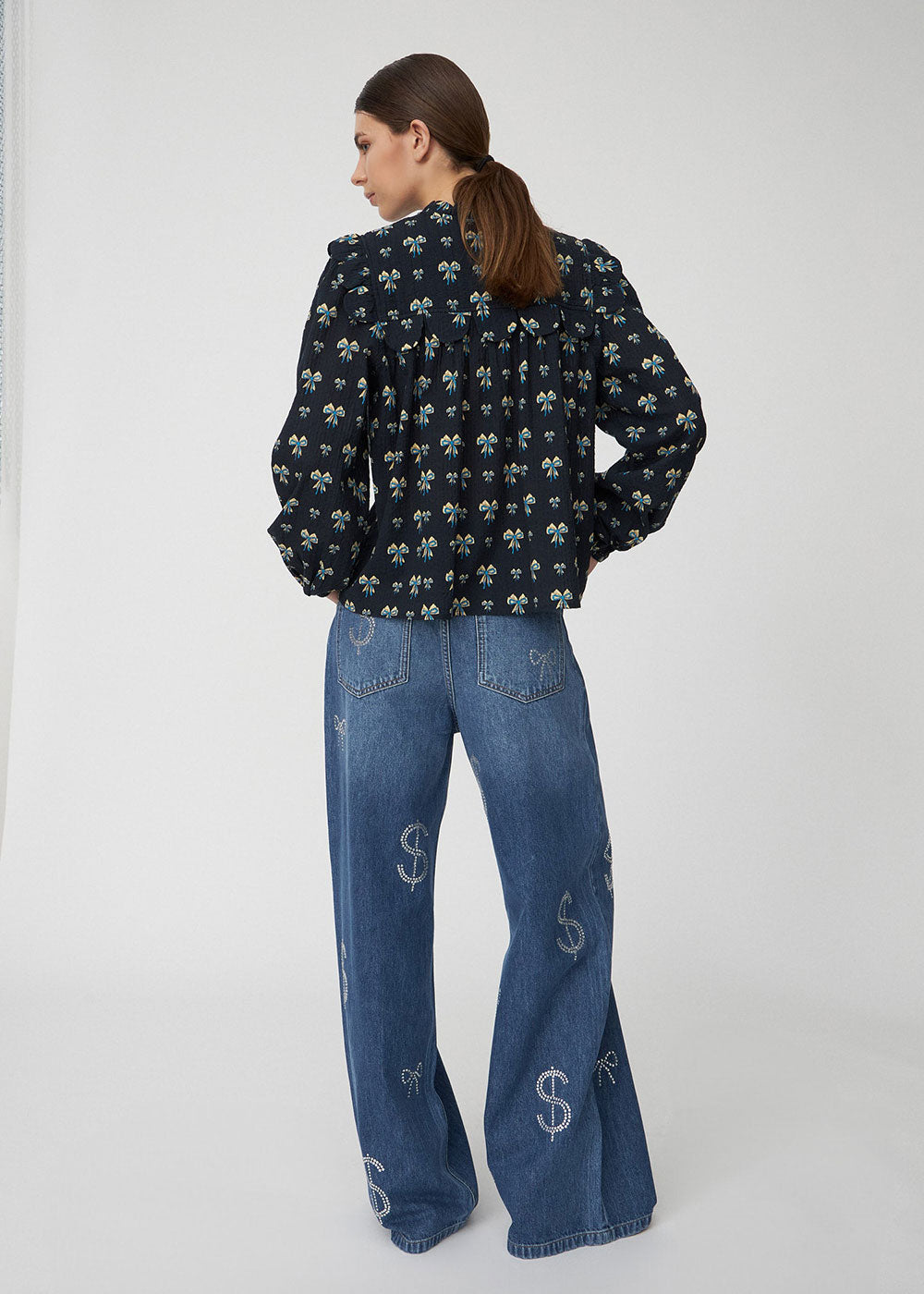 Bow Printed Tounge Blouse - Domino Style