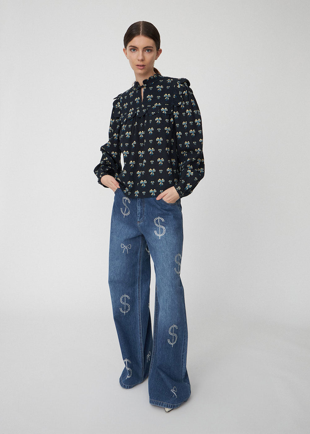 Bow Printed Tounge Blouse - Domino Style