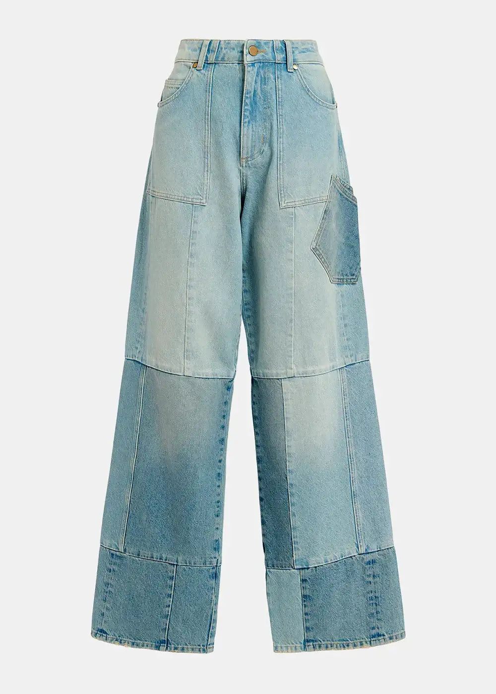 Women's light blue patchwork denim wide leg jeans with front and side pockets