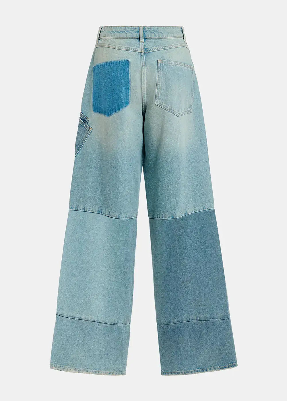 Wide leg patchwork jeans in light blue denim, rear view, color block detail, fashion pants