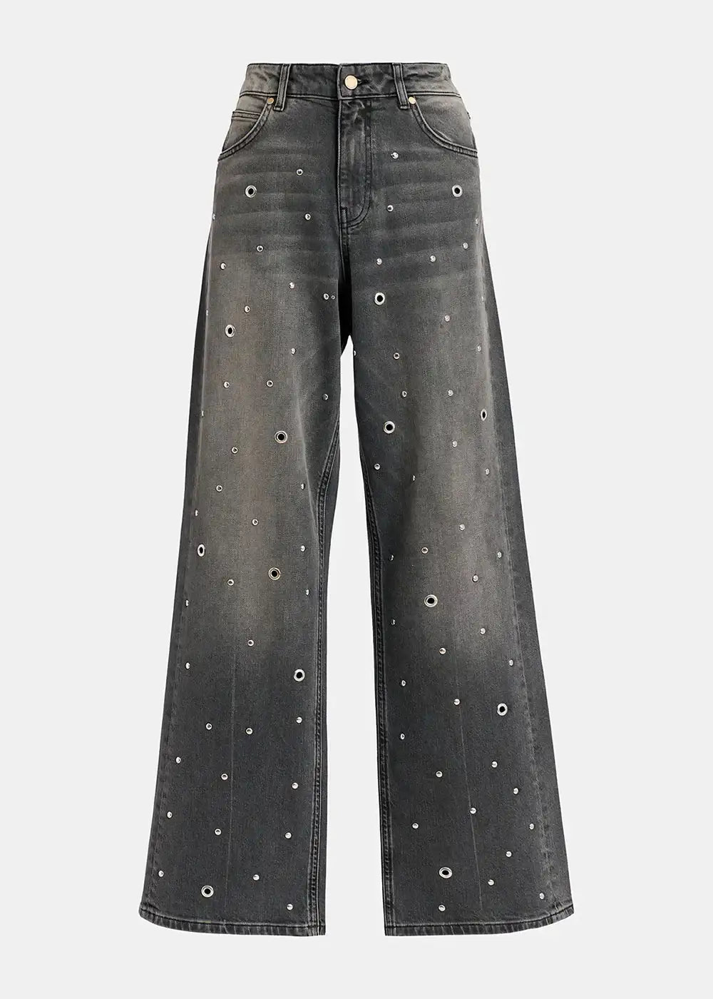 Wide leg black denim jeans with silver eyelet embellishments, front view on white background