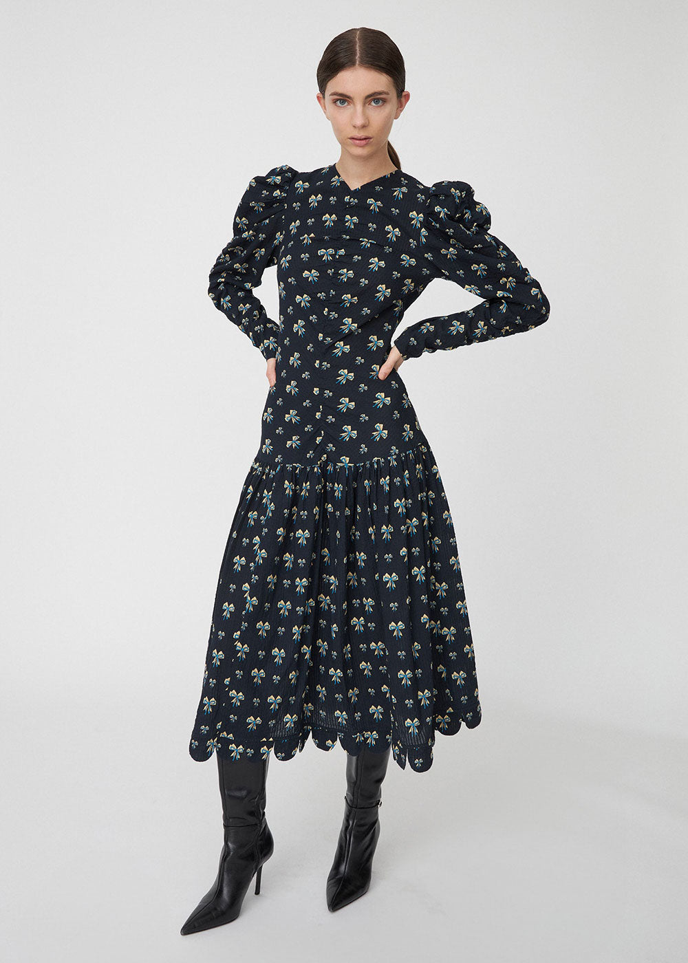 Bow Printed Midi Dress - Domino Style