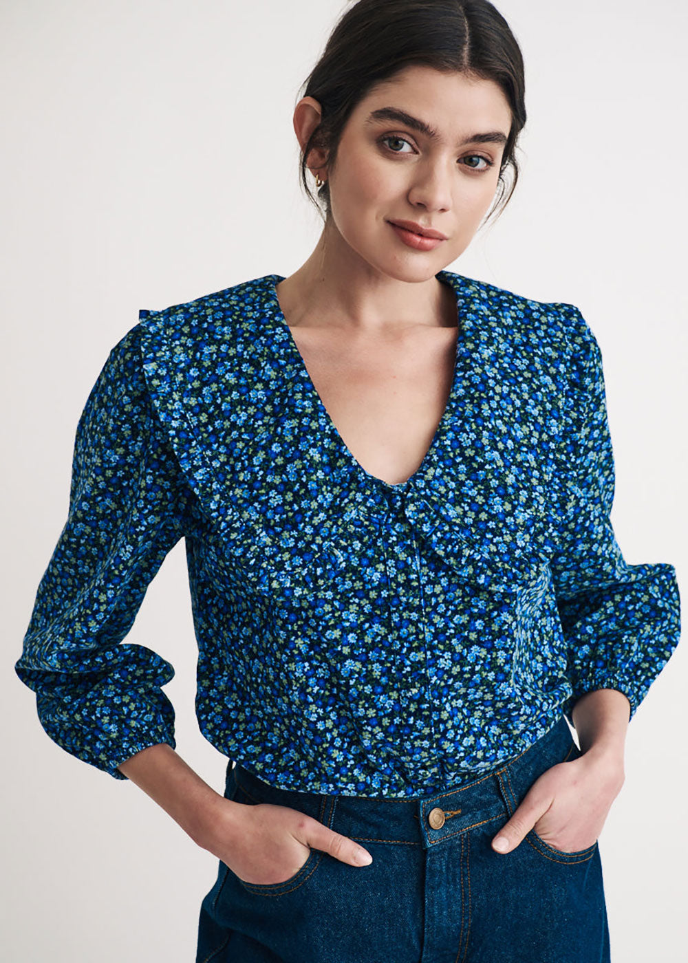 Blue Ditsy Floral Cord Emmie Blouse - Domino Style