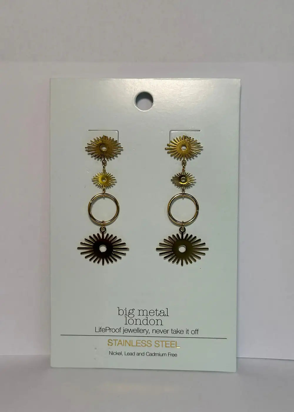 Gold-tone stainless steel dangle earrings with sunburst design on white display card